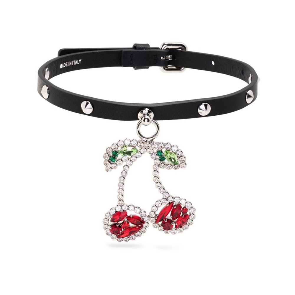 Alessandra Rich Cherry Charm Sparkle Studded Leather Choker EUC